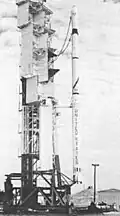 Scout rocket on the launch pad at Wallops Flight Center.