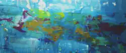 Large abstract painting with blue and earthy tones.