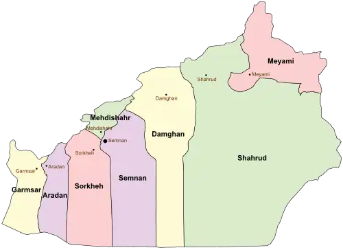 Location of Semnan County in Semnan province (center, purple)