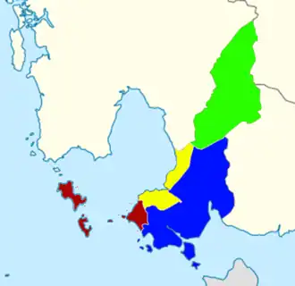 Sihanoukville Province’s subdivisions: Sihanoukville Municipality (dark red), Stueng Hav (yellow), Prey Nob (blue), Kampong Seila (green)