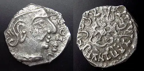 Silver coin in Western Satraps style (15mm, 2.1&nbsp;grams.)[69][70][63]