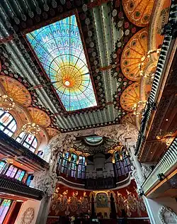 Stained glass skylight at Palau de la música catalana in Barcelona, Spain