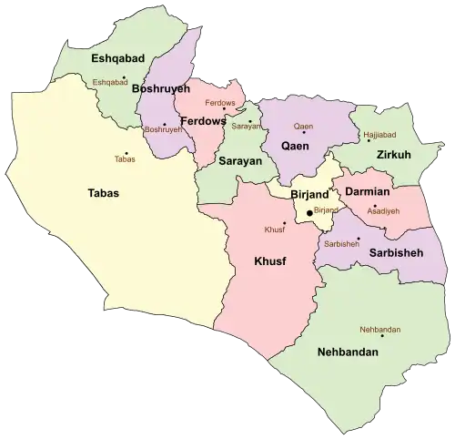 Location of Sarayan County in South Khorasan province (top center, green)