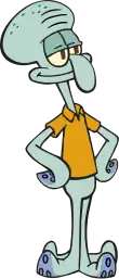 An animated turquoise octopus wearing a brown shirt