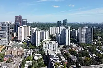 Aerial view of St. James Town highrises in 2023