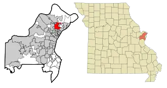 Location within St. Louis County (left) and Missouri (right)