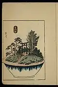 Color print depicting a bonkei modeled after The Fifty-three Stations of the Tōkaidō, print A-27