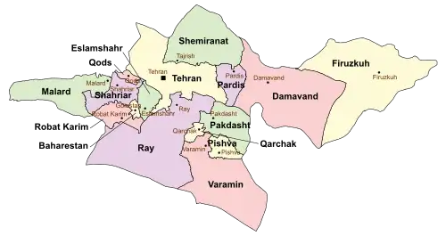 Location of Tehran County in Tehran province (top, yellow)