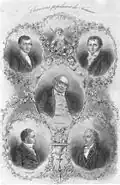 The chansonniers (1) Centre : Béranger. Top left : Dumersan. Bottom left : Brazier. Bottom right : Favart.