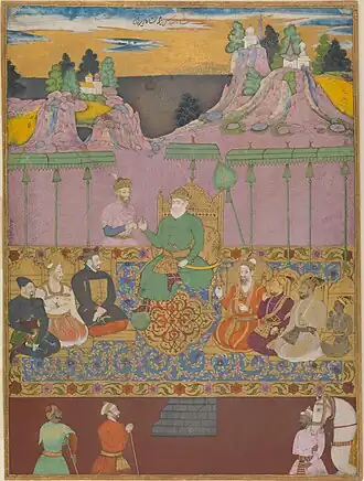 Painting of two men talking, surrounded by other men and a white horse