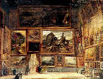 The Salon held in 1831 in the eponymous Salon Carré, painted by Nicolas Sébastien Maillot&nbsp;[fr] and showing Géricault's The Raft of the Medusa in the middle