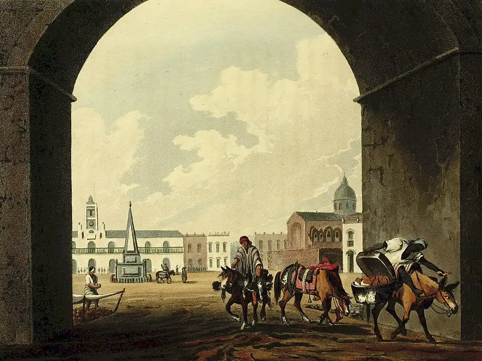The main square in Buenos Aires. On the bottom right is an Afro-Argentine riding on a donkey.