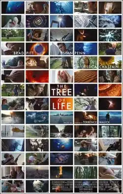 A series of images from the film arranged like mosaic tiles around the title