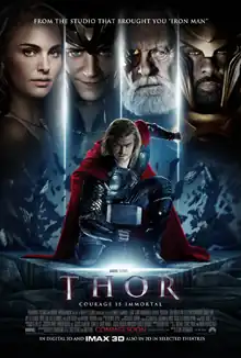 Armor clad and wearing a red cape, Thor is crouched, holding the handle of his hammer to the ground, and rock debris is being blasted away. In the background are four panels showing the faces of Jane, Loki, Odin, and Heimdall.