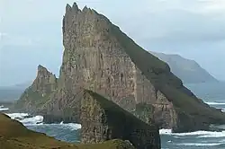 Tindhólmur as seen from the southeast, with Drangarnir visible in front of it (2005)