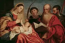 Tizian, Madonna with child and saints - Jerome, Stephen, Saint Maurice (1520)