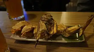 Dried pollock at the Rakwon Paradise Microbrewery. Dried pollock is a typical bar snack in some areas of North Korea.