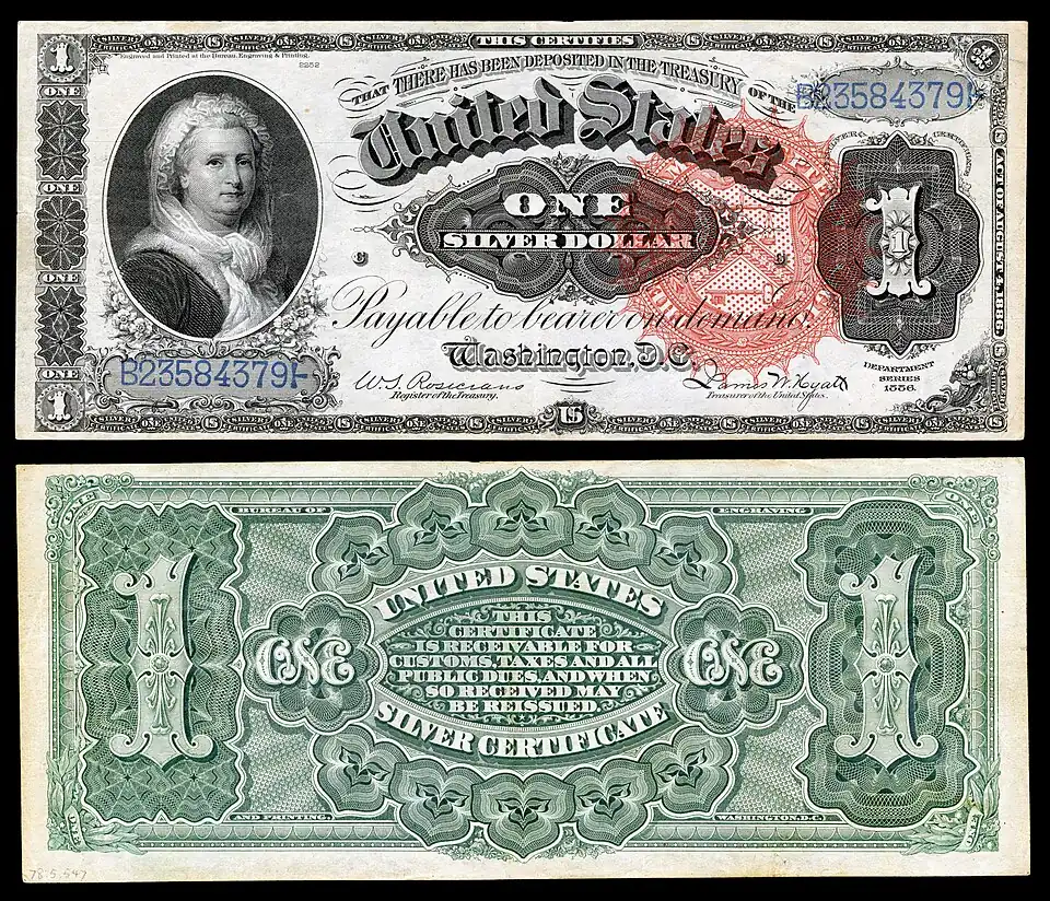 alt=$1 Silver Certificate, Series 1886, Fr.215, depicting Martha Washington