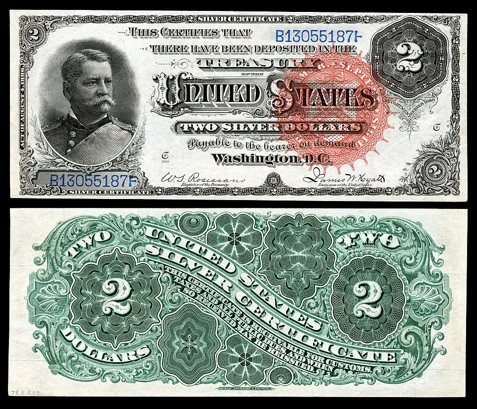 $2 Silver Certificate, Series 1886, Fr.242, depicting Winfield Scott Hancock