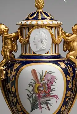 Louis XVI style medallion with garlands at the top, with a portrait relief on a vase with cover, Sèvres, c.1778, soft-paste porcelain, Metropolitan Museum of Art, New York