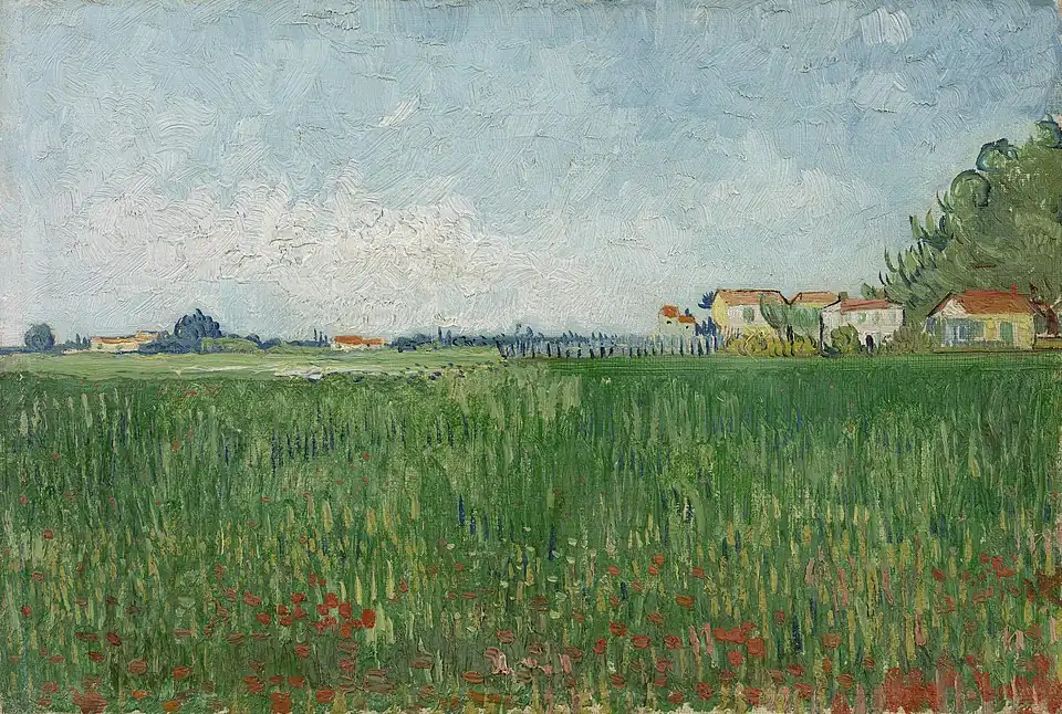 Farmhouses in Wheat Field Near Arles, 1888, likely at P. and N. de Boer Foundation or Van Gogh Museum, both of which are in Amsterdam, Netherlands (F576)
