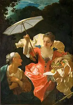 Vertumnus and Pomona (Musée Fabre, Montpellier) – archetype of 18th century Baroque beauty, it may have inspired some of the tapestry cartoons produced by Francisco de Goya, such as The Parasol.