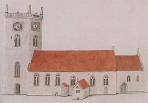 Drawing of Vår Frue kirke with the old flat-roofed tower from c. 1770