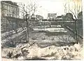 View of a bare garden, probably in early spring before trees have come into leaf. In the middle-ground there is a gardener leaning on a rake or some suchlike garden implement. The garden has a high fence and there are houses bordering it left and top on the two sides you can see.