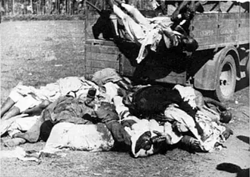 Dead bodies being loaded off of a transport