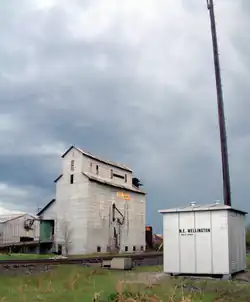 The grain elevator and railroad in Wellington