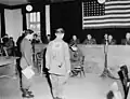 Friedrich Wetzel (seen from the back with number 40) during the delivery of the verdict on 13&nbsp;December 1945