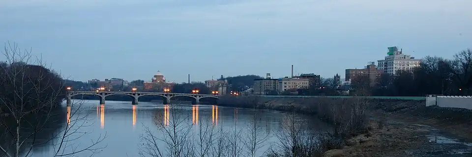 The Susquehanna River and the Wilkes-Barre skyline with the Luzerne County Courthouse in the background