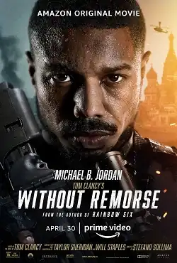 The profile of Michael B. Jordan's John Kelly holding a rifle in front of a Russian city backdrop.