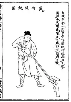 A man loading a matchlock with a rain cover, from the Shenqipu, 1598.