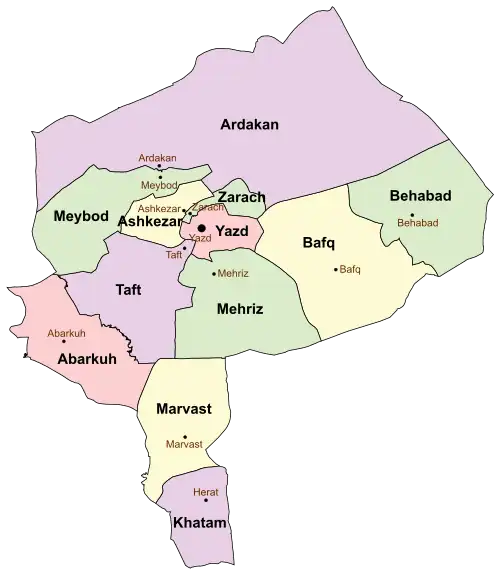 Location of Mehriz County in Yazd province (bottom, green)