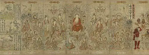 A landscape oriented painting showing a Buddha in red robes, seated in a throne, surrounded by sixteen adult figures and one baby. With the exception of the baby, all of the figures, including the Buddha, have blue halos.