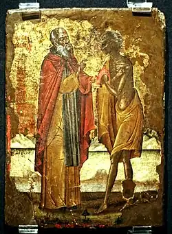 Venerable Zosimas of Palestine, with St. Mary of Egypt (Greece, 17th century).