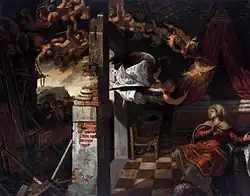 Tintoretto's Annunciation, with the ceilings and angels on the upper left showing a lack of detail.