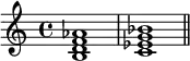 {
\relative c' {
\time 4/4
<b d f aes>1 <c es g bes> \bar "||"
}
}