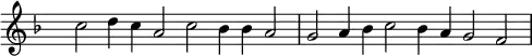 { \key f \major
\set Score.tempoHideNote = ##t
\tempo 2=72
\set Staff.midiInstrument = "english horn"
\override Score.TimeSignature #'transparent = ##t
\override Score.BarNumber #'transparent = ##t
\time 6/2
c''2 d''4 c'' a'2 c'' bes'4 bes' a'2
g'2 a'4 bes' c''2 bes'4 a' g'2 f'
}