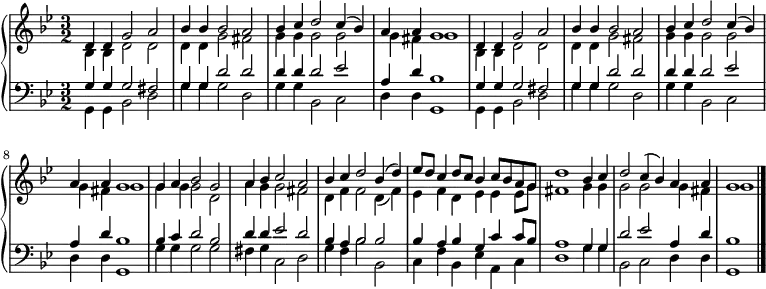 { \new PianoStaff <<
\new Staff <<
\new Voice \relative c' {\set Staff.midiInstrument = #"church organ" \set Score.tempoHideNote = ##t \tempo 4 = 120 \voiceOne \clef treble
\key g \minor
\time 3/2
\language "english"
d4 d g2 a bf4 bf bf2 a
bf4 c d2 c4( bf) a a g1
d4 d g2 a bf4 bf bf2 a
bf4 c d2 c4( bf) a a g1
g4 a bf2 g
a4 bf c2 a
bf4 c d2 bf4( d)
ef8 d c4 d8 c bf4 c8 bf a g d'1
bf4 c d2 c4( bf) a a g1
\bar "|."
}
\new Voice \relative c' { \voiceTwo
bf4 bf d2 d d4 d g2 fs
g4 g g2 g g4 fs g1
bf,4 bf d2 d d4 d g2 fs
g4 g g2 g g4 fs g1
g4 g g2 d
a'4 g g2 fs
d4 f f2 d4( f)
ef4 f d ef ef ef8 g fs1
g4 g g2 g g4 fs g1
} >>
\new Staff <<
\new Voice \relative c' {\set Staff.midiInstrument = #"church organ" \clef bass \key g \minor \time 3/2 \voiceOne
g4 g g2 fs g4 g d'2 d
d4 d d2 ef a,4 d bf1
g4 g g2 fs g4 g d'2 d
d4 d d2 ef a,4 d bf1
bf4 c d2 bf
d4 d ef2 d
bf4 a bf2 bf
bf4 a bf g c c8 bf a1
g4 g d'2 ef a,4 d bf1
}
\new Voice \relative c { \voiceTwo
g4 g bf2 d g4 g g2 d
g4 g bf,2 c d4 d g,1
g4 g bf2 d g4 g g2 d
g4 g bf,2 c d4 d g,1
g'4 g g2 g
fs4 g c,2 d
g4 f bf2 bf,
c4 f bf, ef a, c d1
g4 g bf,2 c d4 d g,1
}
>> >> }