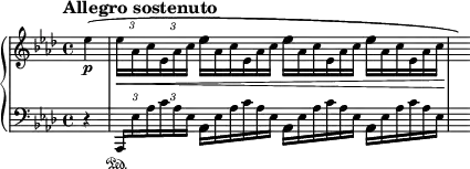 \new PianoStaff <<
\new Staff = "Up" \with { \magnifyStaff #3/4 } <<
\new Voice \relative c' {
\clef treble
\tempo "Allegro sostenuto"
\set Score.tempoHideNote = ##t \tempo 4 = 104
\key aes \major
\time 4/4
\partial 4
\override TupletBracket.bracket-visibility = #'if-no-beam
\override TupletNumber.Y-offset = #3
\tupletSpan 8
\stemDown
ees'4 \p (\tuplet 3/2 {ees16 \< \tiny aes, c ees, aes c}
\omit TupletNumber
\tuplet 3/2 {\normalsize ees16 \tiny aes, c ees, aes c \normalsize ees16 \tiny aes, c ees, aes c \normalsize ees16 \tiny aes, c ees, aes c \!} \hide r16)
}
>>
\new Staff = "Down" \with { \magnifyStaff #3/4 } <<
\new Voice \relative c{
\clef bass
\key aes \major
\override TupletBracket.bracket-visibility = #'if-no-beam
\override TupletNumber.Y-offset = #3
\tupletSpan 8
r4 \tuplet 3/2 {\stemUp aes,16 \sustainOn \stemDown \tiny ees'' aes c aes ees}
\omit TupletNumber
\tuplet 3/2 {\normalsize aes, \tiny ees' aes c aes ees \normalsize aes, \tiny ees' aes c aes ees \normalsize aes, \tiny ees' aes c aes ees} s16
}
>>
>>
