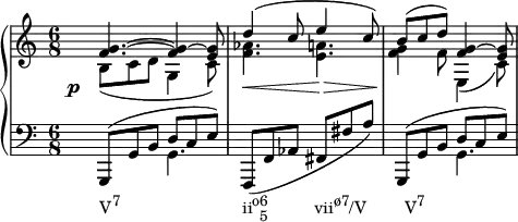 {
#(set-global-staff-size 16)
\new PianoStaff <<
\new Staff <<
\new Voice \relative c' {
\stemUp \time 6/8
<f g>4.^~ <f g>4^~ <e g>8
d'4^( c8 e4 c8)
b^( c d) <f, g>4^~ <e g>8
}
\new Voice \relative c' {
\stemDown
\override DynamicText.X-offset = #-4
\override DynamicLineSpanner.staff-padding = #4
b8_(\p c d g,4 c8)
<f aes>4.\< <e a>4.\>
<f g>4\! f8 e,4_( c'8)
}
>>
\new Staff <<
\new Voice \relative c, {
\clef F \time 6/8
\stemUp g8^( g' b d c e)
\stemNeutral f,,( f' aes fis fis' a)
\stemUp g,,8^( g' b d c e)
}
\new Voice \relative c {
\stemDown
s4._\markup { \concat { "V" \raise #1 \small "7" \hspace #16 "ii" \raise #1 \small "o" \combine \raise #1 \small 6 \lower #1 \small 5 \hspace #6 "vii" \raise #1 \small "ø7" "/V" \hspace #5 "V" \raise #1 \small "7" } } g s2. s4. g
}
>>
>>
}