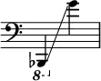 {
\override Score.SpacingSpanner.strict-note-spacing = ##t
\set Score.proportionalNotationDuration = #(ly:make-moment 1/8)
\override Score.TimeSignature #'stencil = ##f
\relative c {
\time 2/4
\clef bass
\ottava #-1 bes,,4 \glissando \ottava #0 g''''
}
}