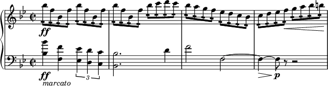 { \new PianoStaff <<
\new Staff \relative bes'' { \set Staff.midiInstrument = #"piano" \key bes \major \clef treble \time 2/2 \set Score.tempoHideNote = ##t \tempo 2 = 60
bes8 \ff :16 f8 :16 bes,8 :16
f'8 :16 bes8 :16 f8 :16 bes,8 :16 f'8 :16 | % 2
bes8 :16 f8 :16 bes,8 :16 f'8 :16 bes8 :16 c8 :16 d8 :16 c8 :16 | % 3
bes8 :16 a8 :16 g8 :16 f8 :16 es8 :16 d8 :16 c8 :16 bes8 :16 | % 4
c8 :16 d8 :16 es8 :16 f8 \< :16 g8 :16 a8 :16 bes8 :16 b8 :16 \!
}
\new Staff \relative bes { \set Staff.midiInstrument = #"piano" \key bes \major \clef bass \time 2/2
<bes bes'>4 \ff _\markup{ \italic {marcato} } <f f'>4 \times 2/3 {
<es es'>4 <d d'>4 <c c'>4
}
| % 2
<bes bes'>2. d'4 | % 3
f2 f,2 ~ | % 4
f4 \> ~ f8 \! \p r8 r2 }
>> }