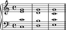 {
\new PianoStaff <<
\new Staff <<
\new Voice \relative c'' {
\stemUp \clef treble \key c \major \time 4/4
g1 g g
}
\new Voice \relative c' {
\stemDown
e1 d c
}
>>
\new Staff <<
\new Voice \relative c' {
\stemUp \clef bass \key c \major \time 4/4
c1 b c
}
\new Voice \relative c {
\stemDown
c1 d e \bar "||"
}
>>
>> }