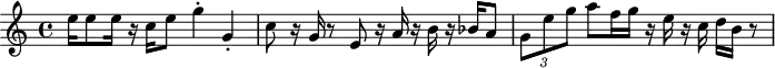 \header {
tagline = ##f
}
\score {
\relative c' {
\clef "treble"
\time 4/4
e'16 e8 e16 r c e8 g4-. g,-.
c8 r16 g r8 e r16 a r b r bes a8
\times 2/3 {g e' g} a8 f16 g r e r c d b16 r8
}
\layout {}
\midi {}
}