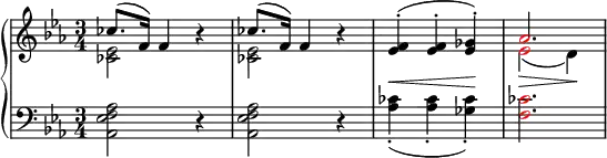 {
\new PianoStaff <<
\new Staff <<
\new Voice \relative c'' {
\clef treble \key es \major \time 3/4
\override DynamicLineSpanner.staff-padding = #4
\stemUp ces8.^( f,16) f4 r4 ces'8.^( f,16) f4 r4 <es f>^.^(\< <es f>^. <es ges>^.)\! \once \override NoteHead.color = #red aes2.
}
\new Voice \relative c' {
\stemDown <ces es>2 s4 <ces es>2 s4 s2. \once \override NoteHead.color = #red es2_(\> d4)\!
}
>>
\new Staff <<
\relative c {
\clef bass \key es \major \time 3/4
<aes es' f aes>2 r4 <aes es' f aes>2 r4 <aes' ces>4_._( <aes ces>_. <ges ces>_.) \once \override NoteHead.color = #red <f ces'>2.
}
>>
>> }