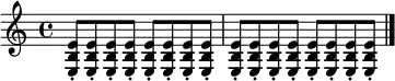 {
\set Staff.midiInstrument = "electric guitar (clean)"
\omit Score.MetronomeMark \tempo 4=160
\repeat unfold 16 { <e b e'>8-. } \bar "|."
}