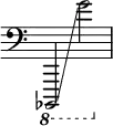 { \override Score.TimeSignature #'stencil = ##f \clef bass
\ottava #-1 bes,,,,2 \glissando g2 }